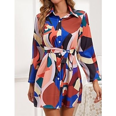 Women's Shirt Dress Casual Dress Mini Dress Outdoor Daily Vacation Polyester Casual Shirt Collar Lace up Button Long Sleeve Fall Winter 2023 Loose Fit Blue Flower S M L XL 2XL Lightinthebox