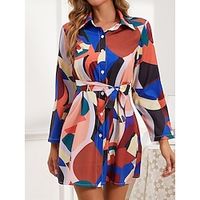 Women's Shirt Dress Casual Dress Mini Dress Outdoor Daily Vacation Polyester Casual Shirt Collar Lace up Button Long Sleeve Fall Winter 2023 Loose Fit Blue Flower S M L XL 2XL Lightinthebox - thumbnail