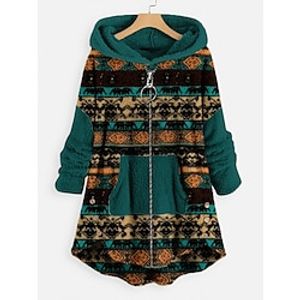 Women's Zip Hoodie Sweatshirt Fleece Jacket Fleece Teddy Ethnic Fuzzy Zip Up Front Pocket Print Green Tribal Loose Fit Casual Sports Hoodie Long Sleeve Top Micro-elastic Fall  Winter Lightinthebox