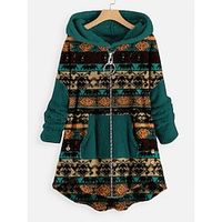 Women's Zip Hoodie Sweatshirt Fleece Jacket Fleece Teddy Ethnic Fuzzy Zip Up Front Pocket Print Green Tribal Loose Fit Casual Sports Hoodie Long Sleeve Top Micro-elastic Fall  Winter Lightinthebox - thumbnail