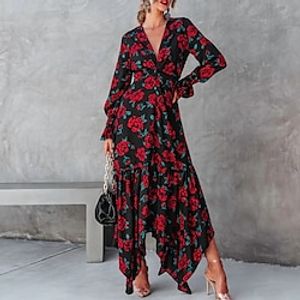 Women's Casual Dress Swing Dress Long Dress Maxi Dress Red Long Sleeve Floral Print Winter Fall V Neck Stylish Modern Fall Dress 2022 S M L XL XXL 3XL / Winter Dress miniinthebox