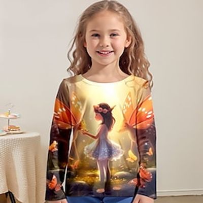 Girls' 3D Fairy Deer Tee Shirt Long Sleeve 3D Print Spring Fall Active Fashion Cute Polyester Kids 3-12 Years Crew Neck Outdoor Casual Daily Regular Fit Lightinthebox