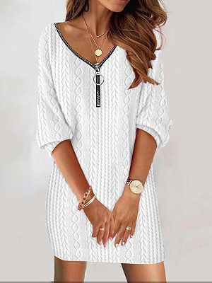Women's Autumn And Winter Simple Solid Color V-neck Knitted Long-sleeved Dress Women's Autumn And Winter Simple Solid Color V-neck Knitted Long-sleeved Dress