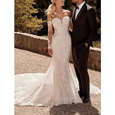 Formal Wedding Dresses Mermaid  Trumpet Sweetheart Long Sleeve Court Train Lace Bridal Gowns With Pleats Solid Color 2023 Lightinthebox