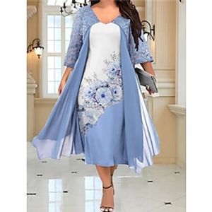 Women's Plus Size Curve Party Dress Lace Dress Cocktail Dress Floral Midi Dress 34 Length Sleeve Lace Patchwork V Neck Fashion Party Blue Fall Winter L XL XXL 3XL 4XL Lightinthebox