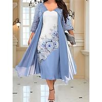 Women's Plus Size Curve Party Dress Lace Dress Cocktail Dress Floral Midi Dress 34 Length Sleeve Lace Patchwork V Neck Fashion Party Blue Fall Winter L XL XXL 3XL 4XL Lightinthebox - thumbnail
