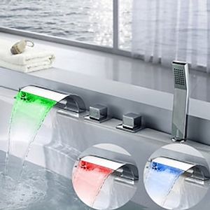 Contemporary Style Bathtub Faucet,LED Chrome Roman Tub Brass Valve Three Handles Five Holes Waterfall Bath Shower Mixer Taps with Hot and Cold Switch miniinthebox