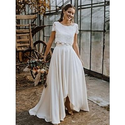 Little White Dresses Wedding Dresses Two Piece Boat Neck Cap Sleeve Asymmetrical Lace Bridal Suits Bridal Gowns With Solid Color 2024 Lightinthebox