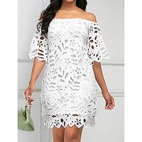 Women's Party Dress Lace Dress Cocktail Dress Mini Dress White Half Sleeve Pure Color Lace Spring Fall Winter Off Shoulder Fashion Wedding Guest Birthday Vacation 2023 M L XL XXL 3XL Lightinthebox - thumbnail