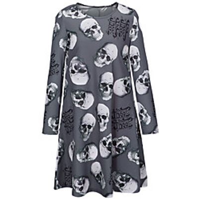 Women's A Line Dress Knee Length Dress Gray Long Sleeve Print Print Fall Winter Round Neck Casual Halloween 2021 S M L XL XXL miniinthebox
