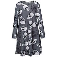 Women's A Line Dress Knee Length Dress Gray Long Sleeve Print Print Fall Winter Round Neck Casual Halloween 2021 S M L XL XXL miniinthebox - thumbnail