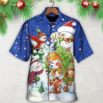 Snowman Casual Men's Shirt Outdoor Christmas Street Fall Turndown Short Sleeve Blue S M L Shirt Lightinthebox