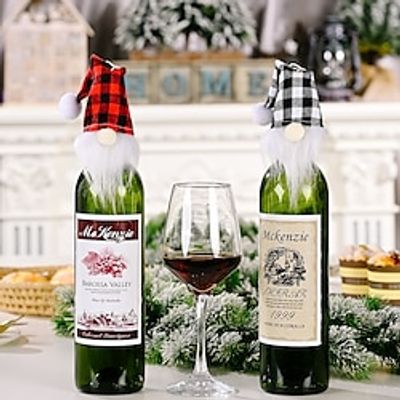 2pc Black Checkered Hat Wine Bottle Cover , Cute Red Wine Bottle Decorations Bag, Cartoon Christmas Decoration Wine Gift Felt Bag For Hotel Kitchen Table Decoration Lightinthebox
