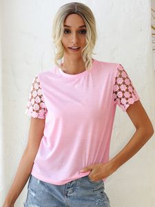 Crochet Lace Embellished Crew Neck Short Sleeves Tee