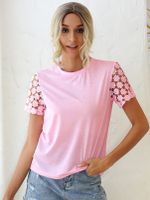 Crochet Lace Embellished Crew Neck Short Sleeves Tee - thumbnail