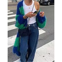 Women's Cardigan Sweater Jacket V Neck Ribbed Knit Polyester Patchwork Fall Winter Long Outdoor Daily Going out Fashion Streetwear Casual Long Sleeve Striped Red Green S M L Lightinthebox - thumbnail