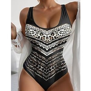 Women's Swimwear One Piece Normal Swimsuit Printing Leopard Print Stripes  Ripples Black Brown Bodysuit Bathing Suits Sports Beach Wear Holiday Lightinthebox