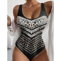 Women's Swimwear One Piece Normal Swimsuit Printing Leopard Print Stripes  Ripples Black Brown Bodysuit Bathing Suits Sports Beach Wear Holiday Lightinthebox - thumbnail