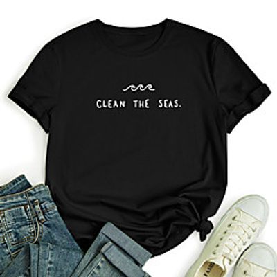 Women's T shirt Letter Print Round Neck Tops 100% Cotton Basic Basic Top White Black Red miniinthebox