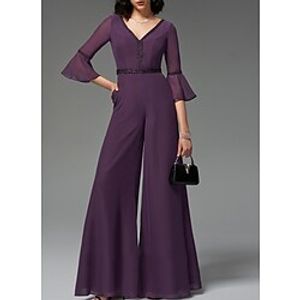 Women's Jumpsuit Solid Color V Neck Elegant Party Holiday Wide Leg Regular Fit 34 Length Sleeve Purple S M L Spring Lightinthebox