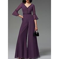 Women's Jumpsuit Solid Color V Neck Elegant Party Holiday Wide Leg Regular Fit 34 Length Sleeve Purple S M L Spring Lightinthebox - thumbnail