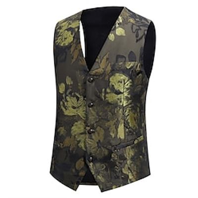 Floral Business Men's Coat Vest Work Wear to work Going out Fall  Winter V Neck Sleeveless Green S M L Polyester Double Woollen Cloth Jacket Lightinthebox