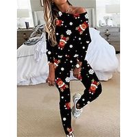 Women's Christmas Pajamas Sets Elk Snowman Warm Comfort Soft Home Christmas Daily Polyester Gift One Shoulder Long Sleeve T shirt Tee Fall Winter Black White Lightinthebox - thumbnail