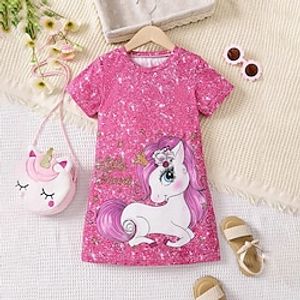 Girls' 3D Unicorn Color Pajamas Nightdress Pink Short Sleeve 3D Print Summer Active Fashion Cute Polyester Kids 3-12 Years Crew Neck Home Causal Indoor Regular Fit Lightinthebox