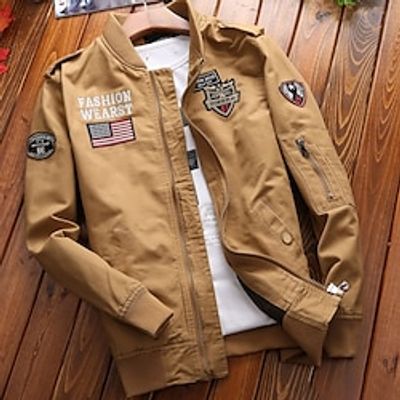 Men's Bomber Jacket Cargo Jacket Outdoor Daily Wear Warm Fall Winter Plain Fashion Streetwear Stand Collar Regular Black Khaki Army Green Jacket Lightinthebox