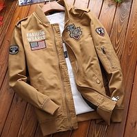 Men's Bomber Jacket Cargo Jacket Outdoor Daily Wear Warm Fall Winter Plain Fashion Streetwear Stand Collar Regular Black Khaki Army Green Jacket Lightinthebox - thumbnail