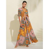 Folk Print V Neck Maxi Dress