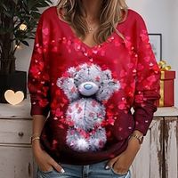 Women's T shirt Tee Heart Bear Yellow Red Blue Print Long Sleeve Valentine's Day Going out Weekend Fashion V Neck Regular Fit Spring   Fall Lightinthebox - thumbnail