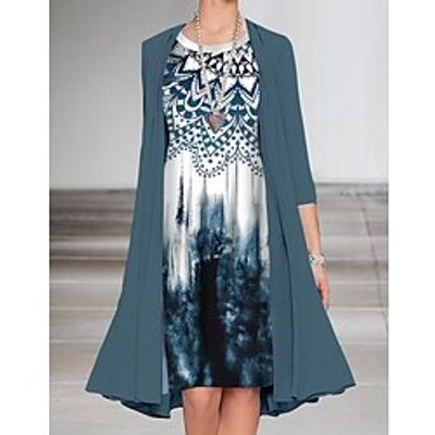 Women's Two Piece Dress Knee Length Dress Green 34 Length Sleeve Print Print Spring Summer Crew Neck Casual 2022 S M L XL XXL 3XL Lightinthebox