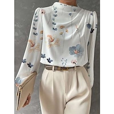 Women's Shirt Blouse Floral White Pink Blue Print Long Sleeve Work Fashion Round Neck Regular Fit Spring   Fall Lightinthebox