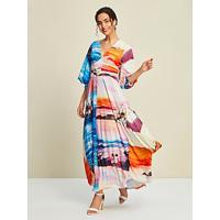 Knit Graphic Multi Color Marine Life 3/4 Length Sleeve Maxi Dress - thumbnail