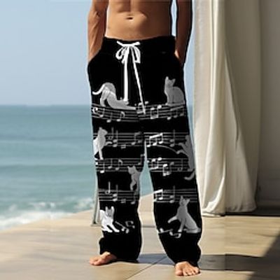 Cat Musical Notes Casual Men's 3D Print Linen Pants Pants Trousers Outdoor Street Going out Polyester Blue Brown Gray S M L Mid Waist Elasticity Pants Lightinthebox