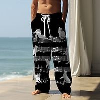 Cat Musical Notes Casual Men's 3D Print Linen Pants Pants Trousers Outdoor Street Going out Polyester Blue Brown Gray S M L Mid Waist Elasticity Pants Lightinthebox - thumbnail