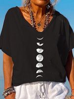 Casual Moon Print V-Neck Short Sleeve T-Shirt