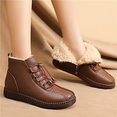Women's Boots Snow Boots Soft Shoes Comfort Shoes Daily Booties Ankle Boots Flat Heel Round Toe Plush Comfort Minimalism Faux Leather Loafer Solid Color Black Brown miniinthebox