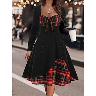 Women's Vintage Dress Cocktail Dress Wedding Guest Dress Midi Dress Black Pink Wine Long Sleeve Plaid Print Summer Spring Fall Square Neck Vintage Wedding Guest Birthday Vacation S M L XL XXL 3XL Lightinthebox