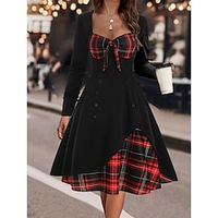 Women's Vintage Dress Cocktail Dress Wedding Guest Dress Midi Dress Black Pink Wine Long Sleeve Plaid Print Summer Spring Fall Square Neck Vintage Wedding Guest Birthday Vacation S M L XL XXL 3XL Lightinthebox - thumbnail