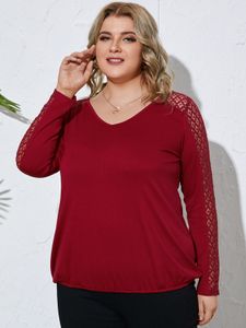 YOINS Plus Size V-neck Lace Patchwork Design Long Sleeves Tee