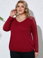 YOINS Plus Size V-neck Lace Patchwork Design Long Sleeves Tee - thumbnail