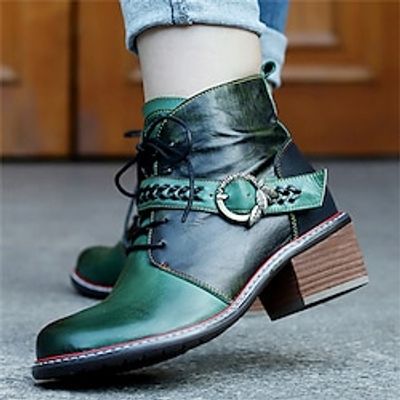 Women's Boots Combat Boots Lace Up Boots Handmade Shoes Daily Booties Ankle Boots Winter Zipper Chunky Heel Round Toe Vintage Casual Leather Sheepskin Zipper Color Block Green Lightinthebox