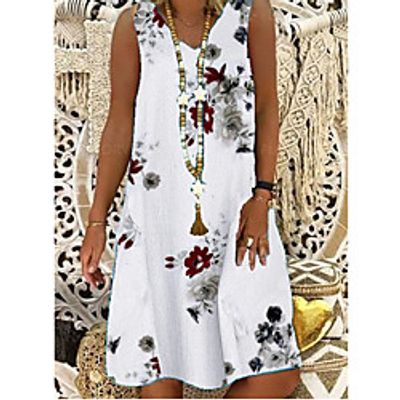 Women's A Line Dress Knee Length Dress White Sleeveless Floral Print Spring Summer Casual 2021 S M L XL XXL XXXL Lightinthebox