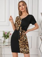 YOINS Black Leopard Patchwork Tie-up Design V-neck Short Sleeves Mini Dress - thumbnail