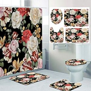 Valentine's Day Bathroom Deco 4 Pcs Shower Curtain Set Bathroom Sets Modern Home Bathroom Decor with Bath Mat U Shape and Toilet Lid Cover Mat and 12 Hooks miniinthebox