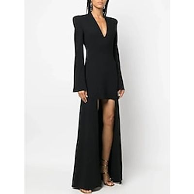 A-Line Evening Gown Elegant Dress Formal Asymmetrical Black Dress Long Sleeve V Neck Stretch Fabric with Pleats 2023 Lightinthebox