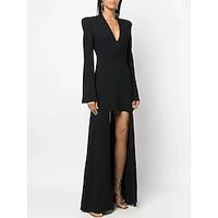 A-Line Evening Gown Elegant Dress Formal Asymmetrical Black Dress Long Sleeve V Neck Stretch Fabric with Pleats 2023 Lightinthebox - thumbnail