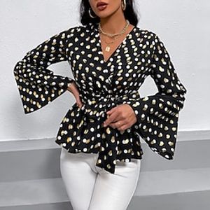 Women's Blouse Polka Dot Leopard Daily Work Weekend Blouse Shirt Long Sleeve Lace up Flowing tunic Print V Neck Casual Streetwear White Black Gray S  3D Print Lightinthebox